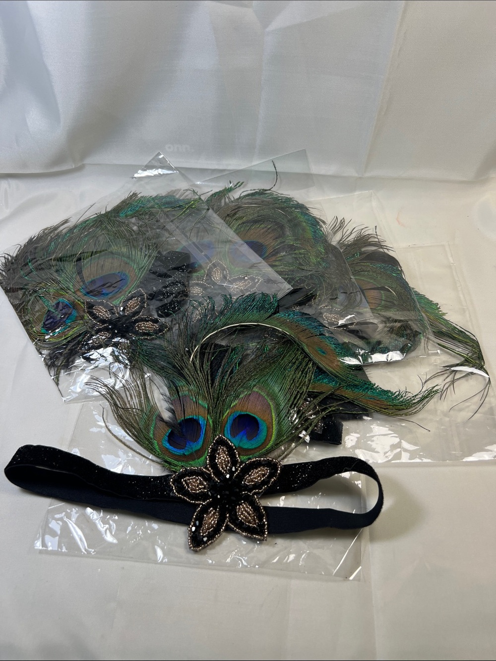 5 pack Peacock Feather Headband with Beaded Flower Accent - Black